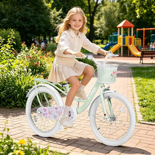 Miniatura 2 de Bicicleta de 20 pulgadas para niñas con canasta, bicicleta para niños de 7 a 12 años, bicicleta de crucero de playa verde y rosa para niñas, frenos