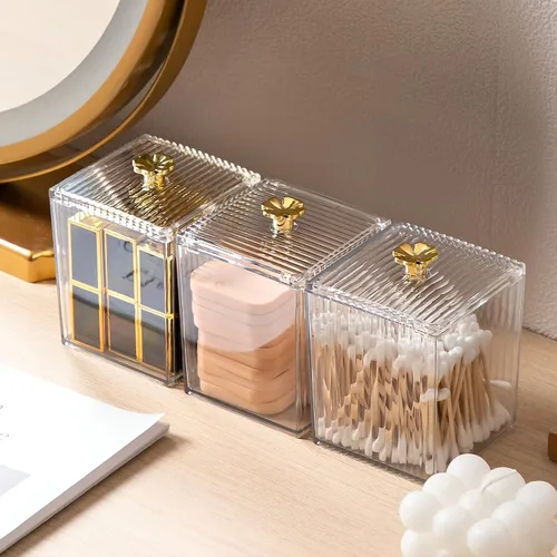 Miniatura 4 de DASITON Soporte acrílico Qtip, tarros de baño con tapa, dispensador de tarro de boticario para bola de algodón, hisopo, almohadillas redondas, hilo