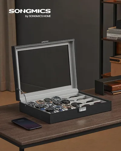Miniatura 10 de SONGMICS 24 organizador y exhibidor negro de calidad superior, de vidrio, con funda para reloj, de piel sintética UJWB024