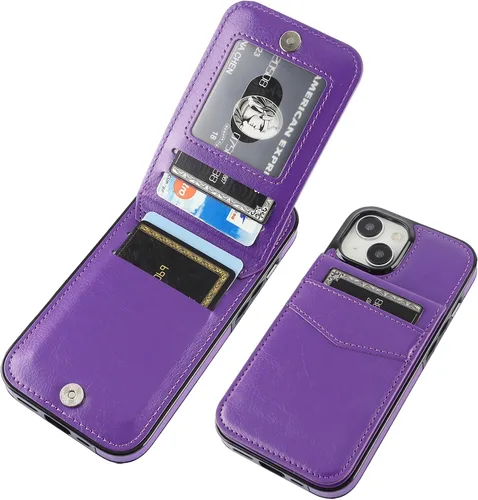 KIHUWEY Funda compatible con iPhone 15 con soporte para tarjeta de crédito, cierre magnético de cuero de alta calidad, función atril, funda Violeta