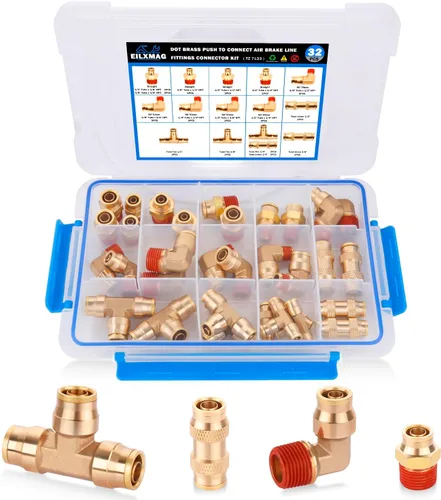 Miniatura 7 de 32 piezas de accesorios de línea de freno de aire de latón DOT surtido de 1/4" 3/8" 1/2" kit de accesorios de línea de aire de empuje para conectar