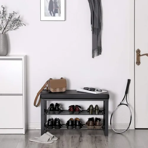 Miniatura 2 de SONGMICS Banco de zapatos, zapatero de 3 niveles para entrada, organizador de almacenamiento con asiento acolchado de espuma, piel sintética, marco