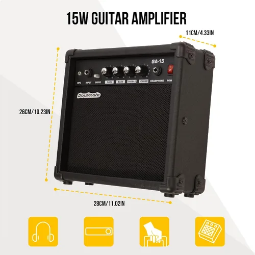 Miniatura 8 de Kit de guitarra eléctrica Soulmate para principiantes, 39" con pastillas HSS, amplificador de 15W, cejilla, correa, cuerdas, cable, púas, bolsa