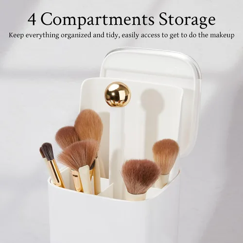 Miniatura 3 de Soporte de cepillo de maquillaje de elevación automática con tapa a prueba de polvo organizadores cosméticos para tocador-blanco