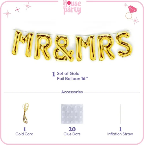 Miniatura 2 de HOUSE OF PARTY Mr & Mrs Balloons - Letras doradas de 16 pulgadas, papel de aluminio y Mylar para novia, despedida de soltera y fiestas de compromiso