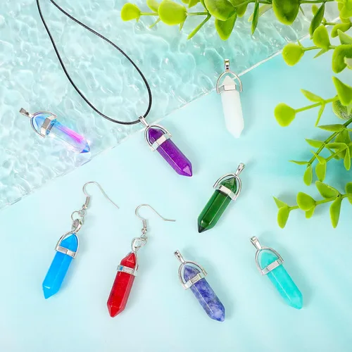 Miniatura 6 de Jexine 130 colgantes de cristal hexagonales a granel, con piedras preciosas naturales, collar de chakras con forma de bala de cuarzo con bolsa