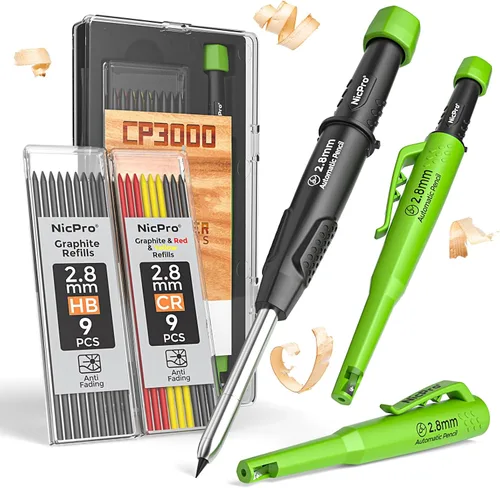 Miniatura 9 de Nicpro Lápiz de carpintero con sacapuntas, lápices mecánicos de carpintero CP3000 con 19 recargas, marcador de agujero profundo para construcción