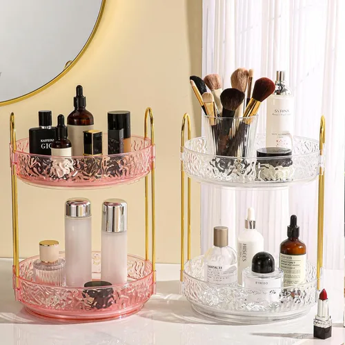 Miniatura 5 de Fangoo Organizador de maquillaje giratorio transparente de 2 niveles para tocador, organizador de cuidado de la piel giratorio de 360 grados