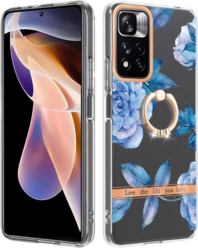 Miniatura 9 de ONV Funda de silicona para Redmi Note 11 Pro 5G – Funda con anillo de metal con purpurina de lujo con flor pintada con flores, funda delgada