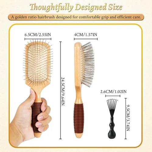 Miniatura 8 de BFWood Cepillo de pelo de paleta con cerdas de acero, cepillo de pelo de metal, ayuda al crecimiento del cabello y masaje del cuero cabelludo