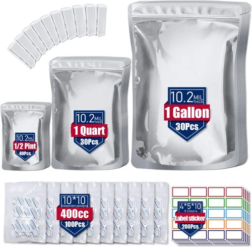 Paquete de 100 bolsas de Mylar de 10.2 mil para almacenamiento de alimentos con absorbentes de oxígeno de 400 cc (10 x 10 paquetes) y 200 etiquetas