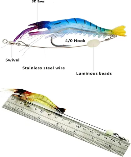 Miniatura 6 de Señuelos de pesca para camarones de silicona artificial, set de cebo suave luminoso Swimbait Señuelo de pesca con ganchos, aparejos de pesca de agua
