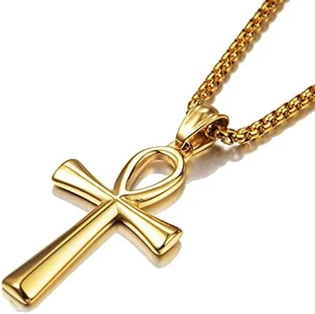 Collar con colgante de cruz de Ankh copta egipcia antigua de acero inoxidable para niños, mujeres y hombres, en cadena Rolo de 24 pulgadas,