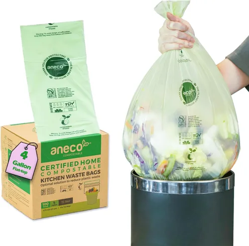 Miniatura 13 de (Incluye 10 bolsas adicionales) ANECO - Bolsas de basura 100% compostables de 2.6 galones, bolsas de compost pequeñas de cocina extra gruesas