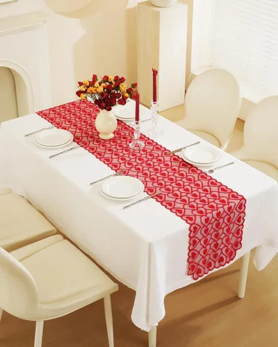 Miniatura 35 de Camino de mesa para el día de San Valentín, decoración del día de San Valentín, 70 pulgadas de largo, bordado rojo y rosa, camino de mesa de corazón