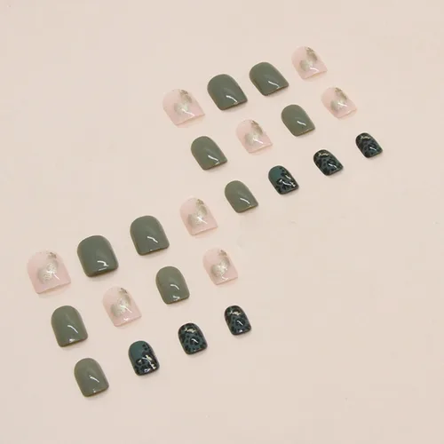 Miniatura 2 de 24 uñas postizas a presión de punta francesa, uñas postizas medianas con forma cuadrada, uñas adhesivas con purpurina y diamantes de imitación, uñas