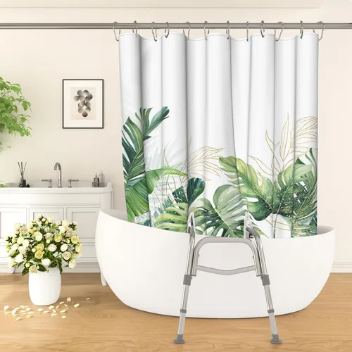 Cortina de ducha dividida con hojas verdes para banco de transferencia, hojas de palmera tropicales, plantas naturales, decoración de baño con 2