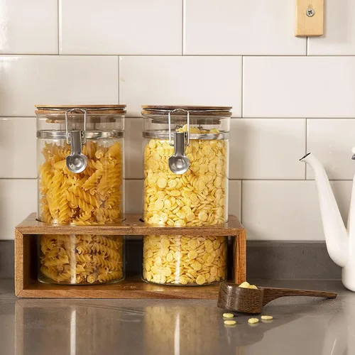 Miniatura 7 de Yangbaga Recipiente de Café de Vidrio con Estante de Madera, Juego de 2×45OZ Recipientes de Café y Azúcar, Recipientes de Café con Tapas Herméticas