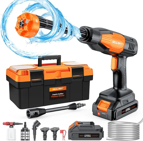 SEALIGHT Lavadora a Presión Inalámbrica, Lavadora de Potencia Portátil de 970PSI con Baterías Duales de 3.0Ah, Boquilla 6-en-1, Lavadora de Potencia