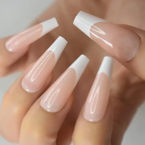 Puntas de uñas largas tipo ataúd, puntas de uñas blancas a presión, uñas postizas artísticas francesas diseñadas con uñas de gel UV, uñas de salón