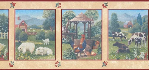 CONCORD WALLCOVERINGS ™ Papel Pintado Frontera País Patrón Granja Ovejas Vacas Pollo Para Casa De Campo Cocina De Granja, Beige Verde Marrón, 15