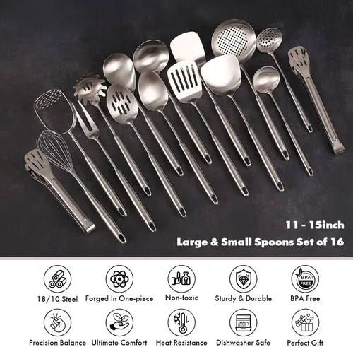 Miniatura 4 de Juego de Utensilios de Cocina de Acero Inoxidable 18/10 - 16 PIEZAS Todos los Utensilios de Servir de Metal, Herramientas de Cocina - Batidor