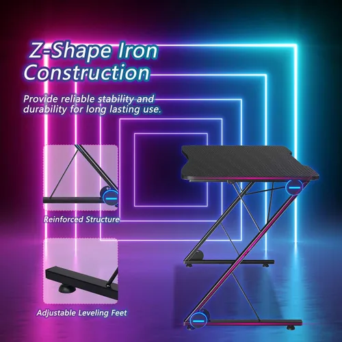 Miniatura 9 de Tangkula Escritorio para computadora de juegos, mesa de computadora en forma de Z con luces LED y gran superficie de fibra de carbono, estación