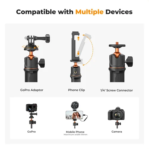 Miniatura 2 de K&F CONCEPT MS11 - Trípode para selfie, 23.6 in/23.6 pulgadas, cabeza de bola extensible, mango para selfie para GoPro Hero 13/12/11 Max2 DJI Osmo