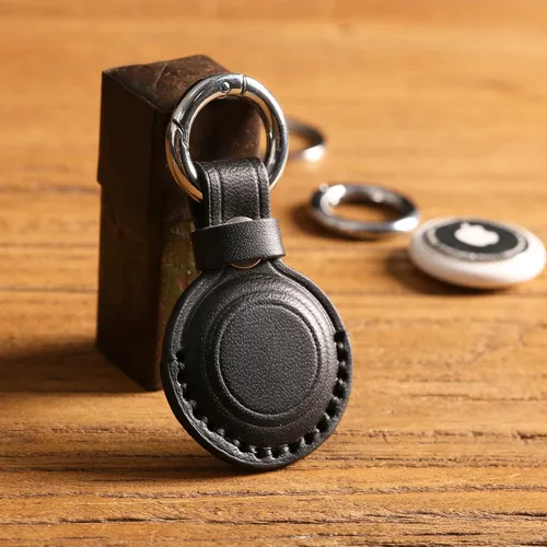 Miniatura 5 de Llavero de Cuero Genuino Compatible con Airtag, Soporte Seguro para Llavero de Air Tag, Funda de Cubierta de Anillo de Llavero de Accesorios - Negro