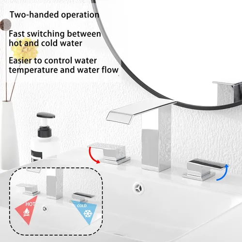 Miniatura 3 de Grifo de baño cromado con cascada de 3 agujeros, 2 manijas, polisehd, cascada cromada, moderna, con drenaje desplegable Cromo