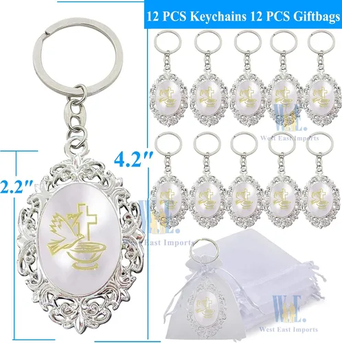 Miniatura 2 de 12pcs Bautismo Favores Recuerdos Para Bautizo gravados Llavero de Primera Comunión Bautizo Recuerdos (borde dorado)