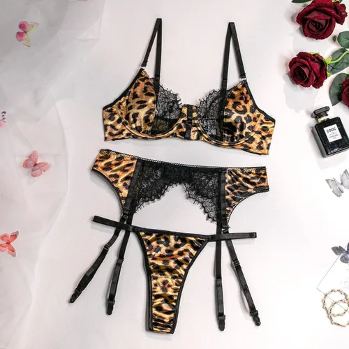 Miniatura 12 de Conjunto de lencería de liguero de leopardo para mujer, conjunto de brasier y braga sexy con liguero, 3 piezas