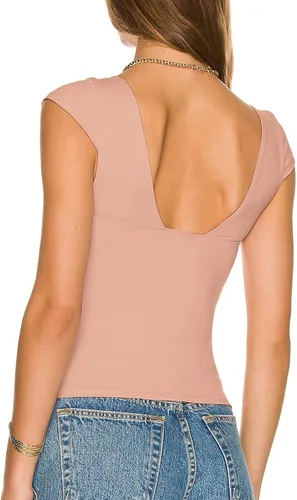Miniatura 3 de Camisetas cortas para mujer, sexy, sin espalda, cuello en V profundo, manga corta, Y2K, camiseta casual ajustada para verano