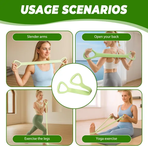 Miniatura 4 de Figura 8 Banda de resistencia con asas para entrenamiento en casa, banda elástica verde de 25 libras para entrenamiento de brazos, espalda, hombros