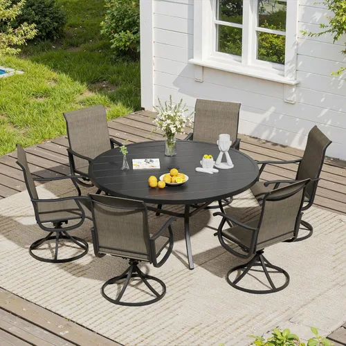 Miniatura 55 de VICLLAX Muebles pequeños de exterior de 3 piezas, 2 sillas giratorias de patio y mesa redonda pequeña para 2, sillas de carbón oscuro y negro