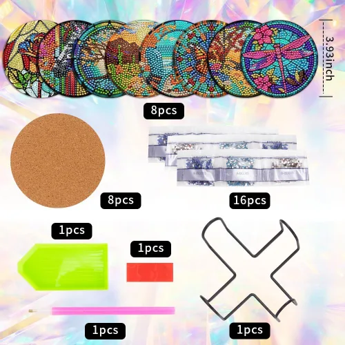 Miniatura 2 de 8 piezas de posavasos de arte de diamante con soporte, kits de pintura de arte de diamante de vidrio coloreado DIY para principiantes, suministros