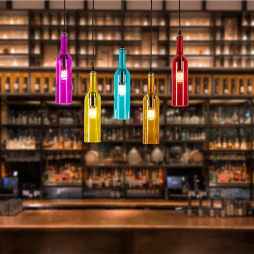 Miniatura 7 de Lámpara de techo industrial retro creativa con 5 luces para botella de vidrio, iluminación colgante de botella de vino de colores para cafetería