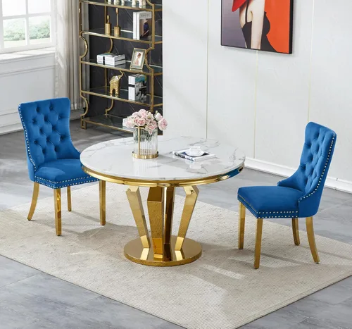Miniatura 17 de Henf Juego de mesa de comedor redonda de mármol para 6, moderna mesa de comedor de 45 pulgadas con base de acero inoxidable con diseño de diamante