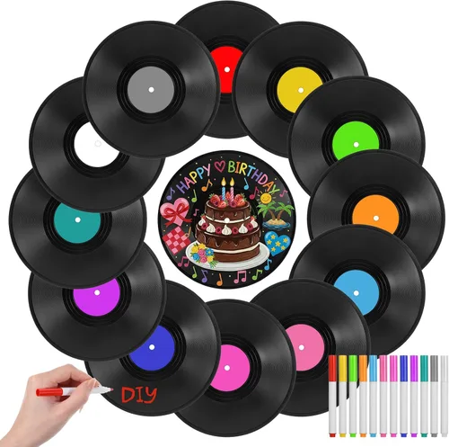 Paquete de 12 discos de vinilo en blanco de 12 pulgadas con 12 marcadores de colores, registro vintage falso para decoración estética de habitación