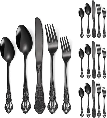 Miniatura 29 de Modern Silverware - Juego de cubiertos martillados de acero inoxidable de 20 piezas para 4 personas, incluye tenedores, cucharas, cuchillos, plateado