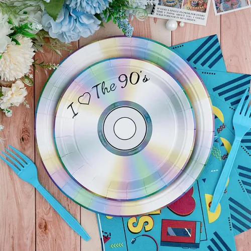 Miniatura 3 de Vajilla para decoración de fiestas temáticas de los años 90, suministros retro para fiestas de cumpleaños de los 90, incluye platos, tenedores