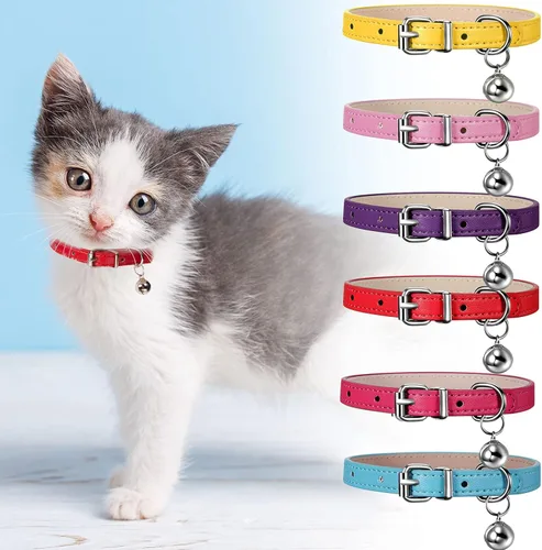 Miniatura 5 de Weewooday 6 piezas de collar de cuero para gato con campana, lindo collar de cuero para gatito para niños y niñas, gatos para cachorros pequeños