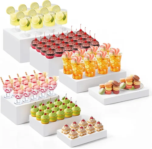 Miniatura 24 de Leinuosen Juego de 7 elevadores de buffet extra grandes de 8" a 14" caja de exhibición de acrílico cuadrada elevador de mesa de postres para Blanco