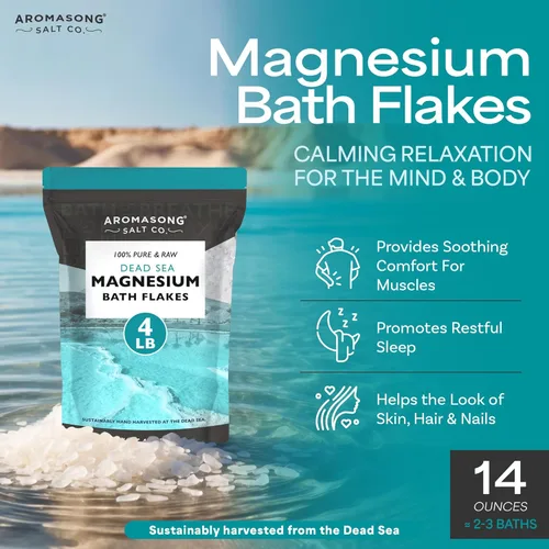 Miniatura 3 de Aromasong Copos de magnesio para baño del mar muerto, paquete resellable de 4 libras, copos de cloruro de magnesio, sal de baño orgánica relajante