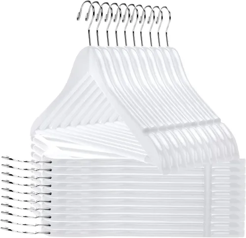 Miniatura 8 de Perchas de madera de calidad – Juego de 20 perchas ligeramente curvadas – Perchas de madera maciza con elegantes ganchos cromados – Ropa resistente