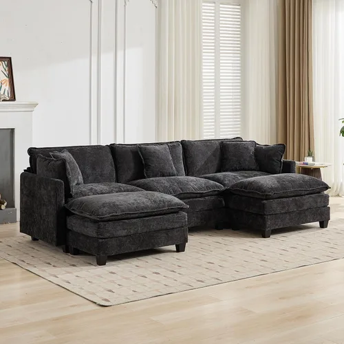 Miniatura 4 de Sofá seccional modular negro de 111.5 pulgadas, 3 plazas, sofás seccionales grandes para sala de estar, sofá nube de tela chenille de gran