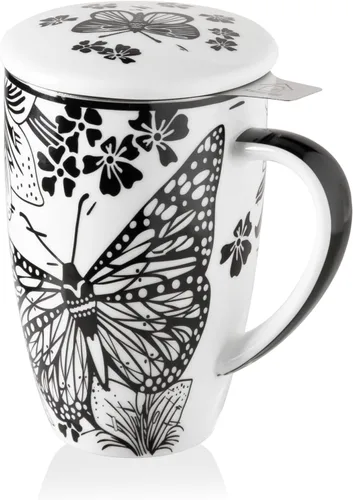 Miniatura 16 de Sweejar Taza infusora de té de porcelana con tapa, taza de té de 16 onzas con coladores para té de hojas sueltas, taza de café apta para microondas