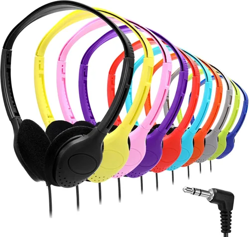 Miniatura 8 de Yunsailing Paquete de 10 auriculares con cable sobre la oreja a granel para estudiantes de aula escolar, diadema ajustable con conector de 0.138 in