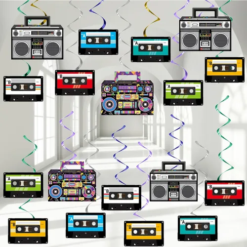 72 piezas de decoraciones de fiesta temática de los años 90, remolinos colgantes de los años 80, cinta grabadora de música de los años 80, remolinos