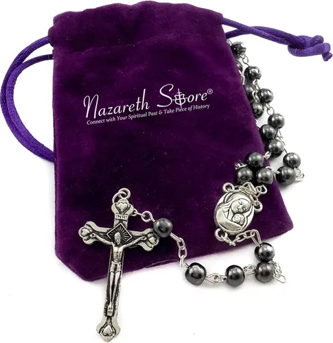 Miniatura 5 de Nazareth Store Hematite Rosary Beads Black Stone Catholic Rosary Necklace with Jerusalem Holy Soil & Cross Antique Religious Rosaries Beads